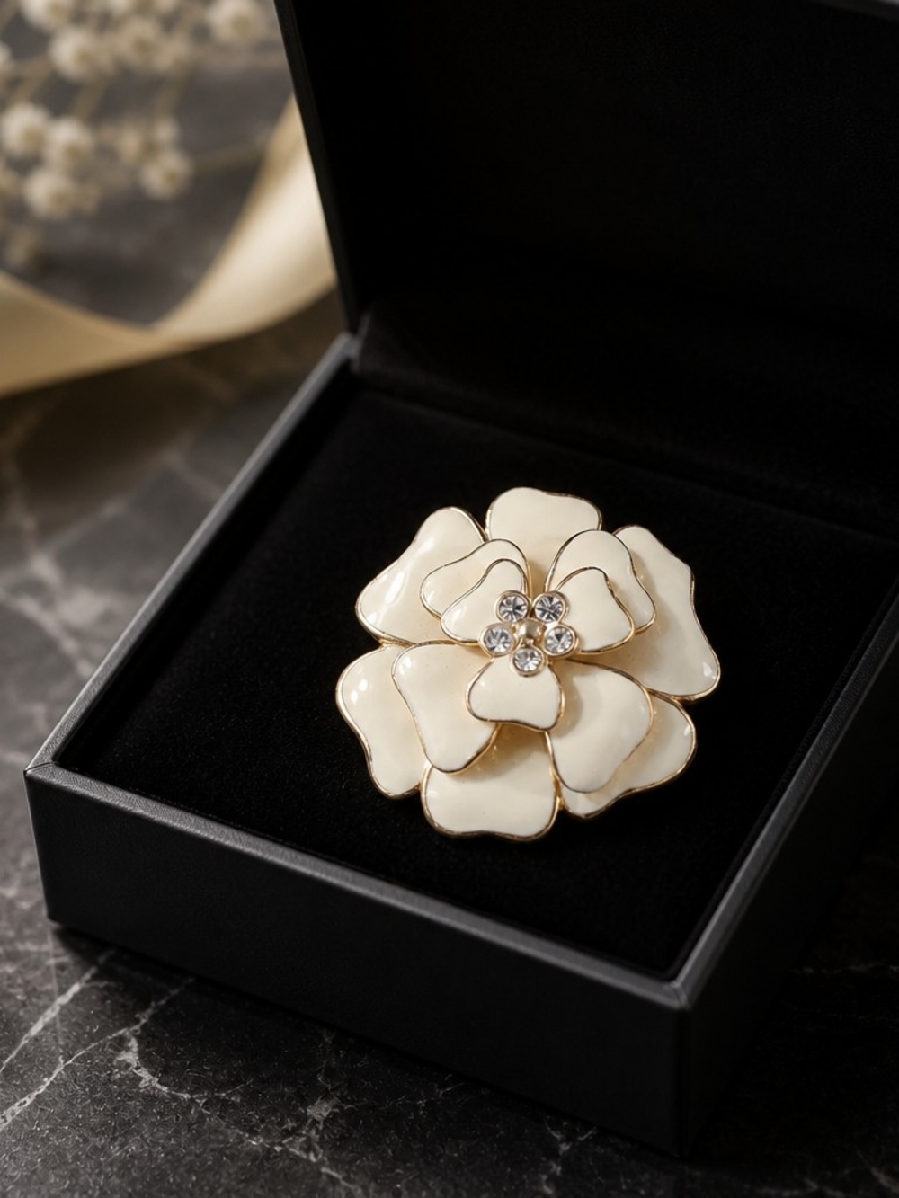 Vintage Cream Flower Brooch with Crystal Accents - Women Jewelry